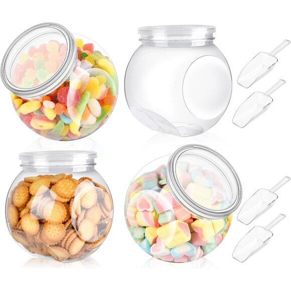 Party Time Set of 4 Plastic Rounded 47.60oz Candy Jars w/ Lids & Scoops Buffet - Picture 1 of 7